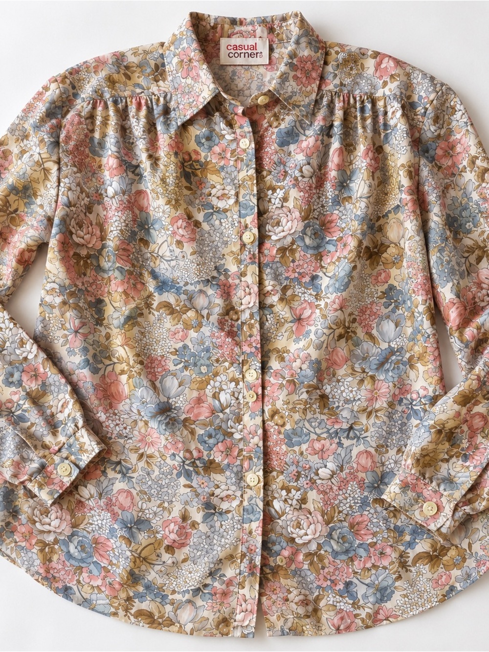 Casual Corner Floral Button-Down Shirt in Pink, Blue & Tan